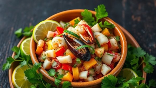Vibrant ceviche dish showcasing seafood with fresh lime in Latin America.
