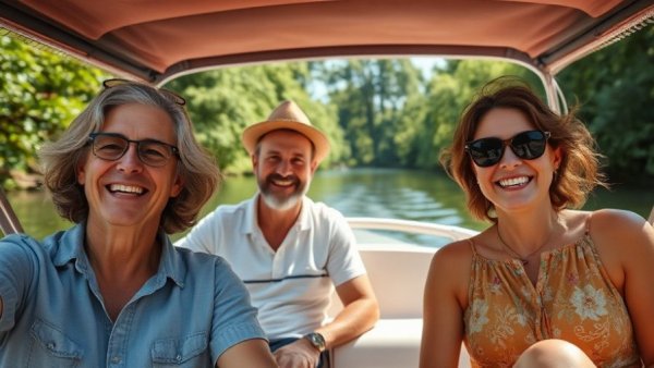 Happy family enjoying boat trip on a sunny day, 2025 travel trends.