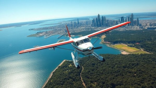Harbour Air seaplane flying over city skyline, Harbour Air Aeroplan Partnership.