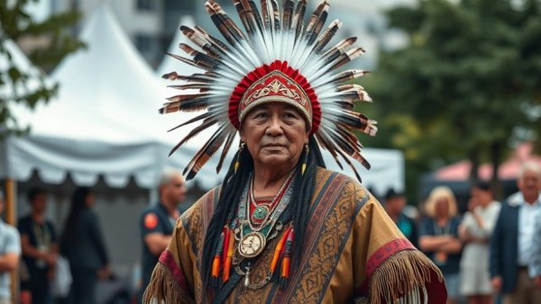 Indigenous performer in traditional attire at cultural event highlighting First Nations healthcare disparities.
