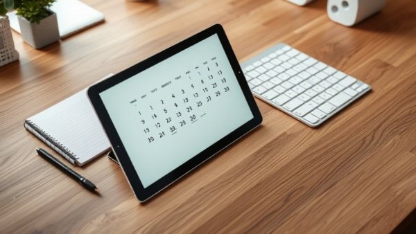 Modern workspace with tablet showing calendar, notepad, keyboard, Aeroplan Elite Status Tasks.