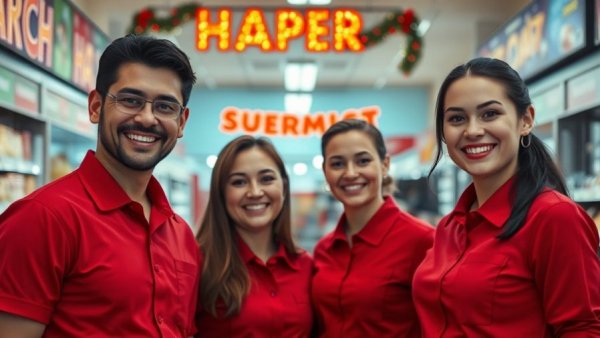 Group of smiling employees at Real Canadian Superstore's holiday display.