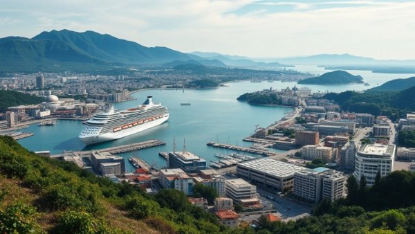 Bustling harbor view in Nagasaki cityscape, vibrant with cruise ships.