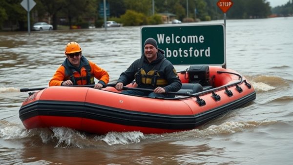 Rescue workers in Fraser Valley floods navigating flooded area near Abbotsford.