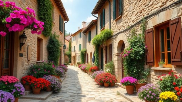 Rustic village street with stone houses and colorful flowers, ideal for slow travel.