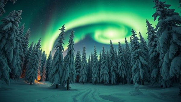 Lapland winter night with vibrant northern lights over snowy forest.