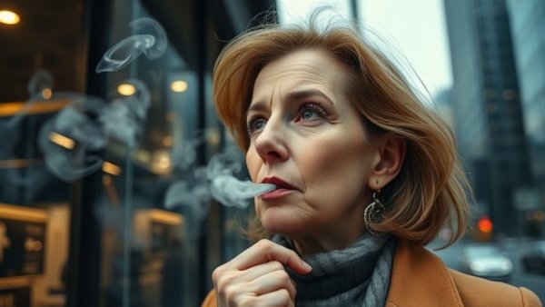 B.C. lawsuit against Juul vaping: Woman exhaling vapor in city.