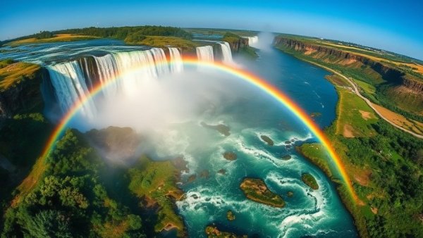 Aerial view of a natural wonder waterfall with rainbow.