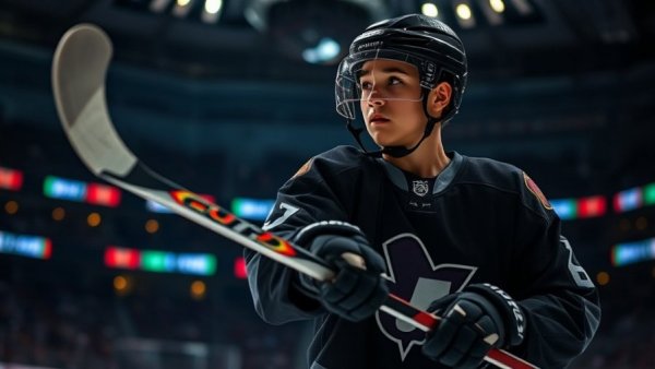 Quinn Hughes in black jersey offering hockey stick in dim arena.