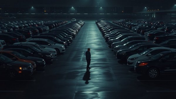 Dimly lit airport parking lot under yellow lights highlighting meet-and-greet airport parking scams.