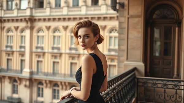 Elegant woman on a historic balcony, travel moments of 2025 ambiance.
