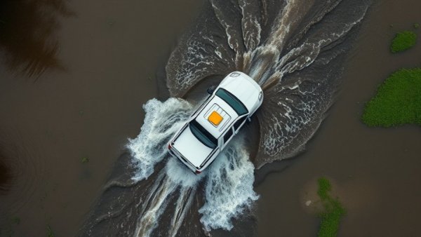 Aerial view of flooding in B.C. Fraser Valley with truck driving through water.