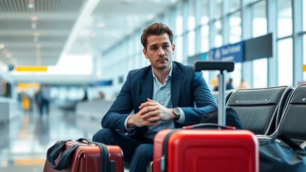 Worried businessman in airport due to airport theory risks missing flights.