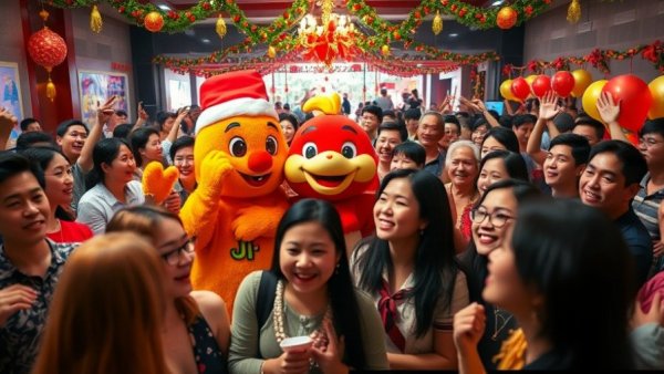 Jollibee Christmas campaign celebration with festive gatherings.