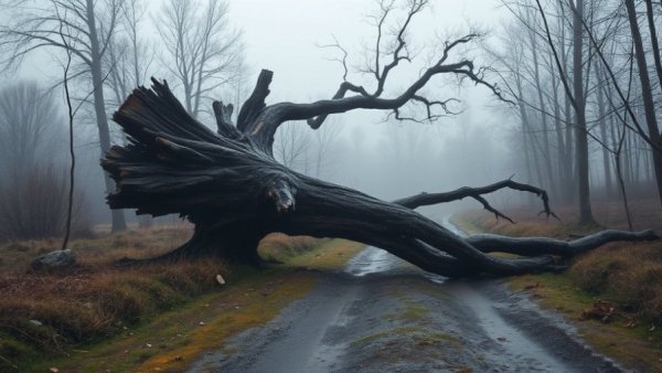 Fallen tree on misty path, somber forest background