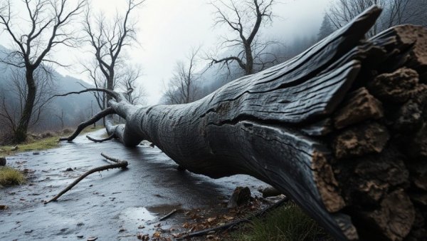 Fallen tree on a misty path in B.C., somber nature scene.