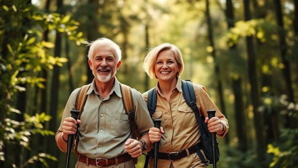 Older couple hiking happily in forest, deliberate travel for empty nesters.