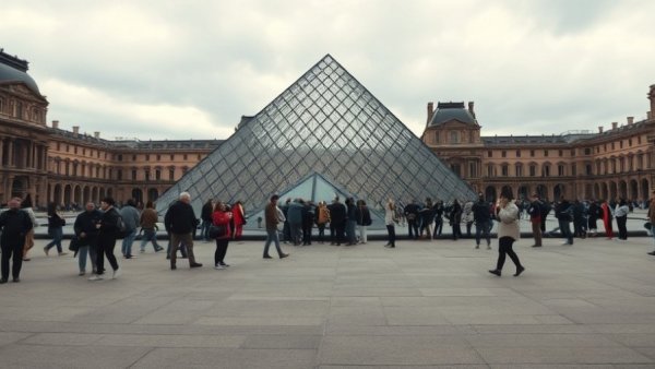 Visitors facing Louvre Museum challenges during wait outside pyramid.
