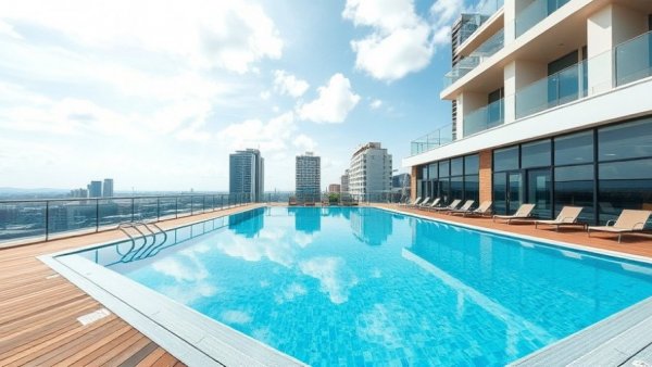 Modern rooftop swimming pool with urban backdrop for GHA Discovery Promotion.