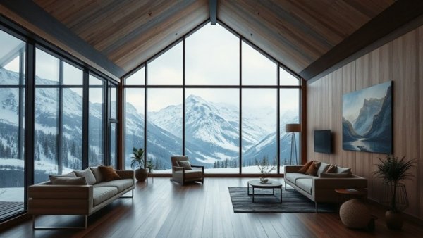 Luxurious South American lodge interior with mountain view.