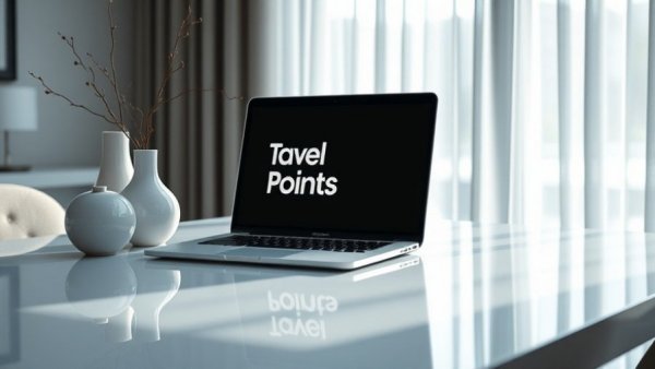 Laptop showing travel points promotion in elegant workspace.