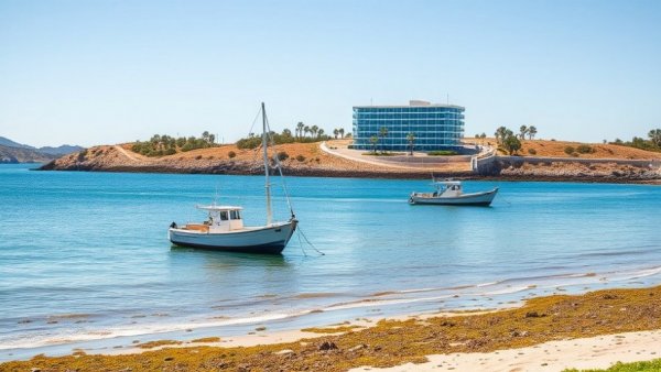 Shoreline of Watamu, Kenya with boats and sandy beach.
