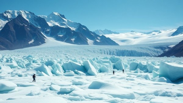 Adventurous couples exploring a vast glacier under a clear sky.