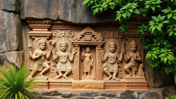 Intricate ancient temple carvings on book cover, 'Unusual Temples of India'.