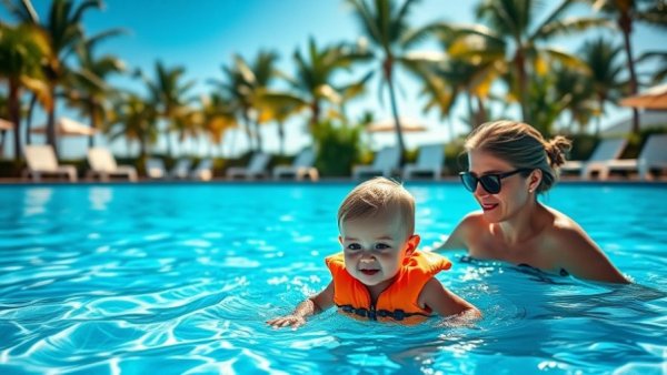 Luxury Family Resort in Riviera Maya with child at pool.