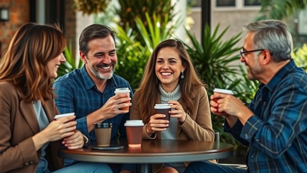 Charismatic friends enjoying coffee at an outdoor cafe.