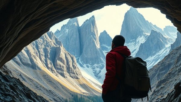 Explorer views stunning mountains from cave on extreme day trip.