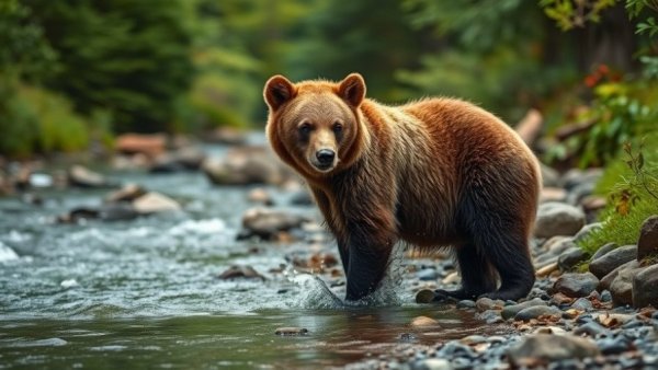 Wild bear near stream in forest, creating splashy scene.