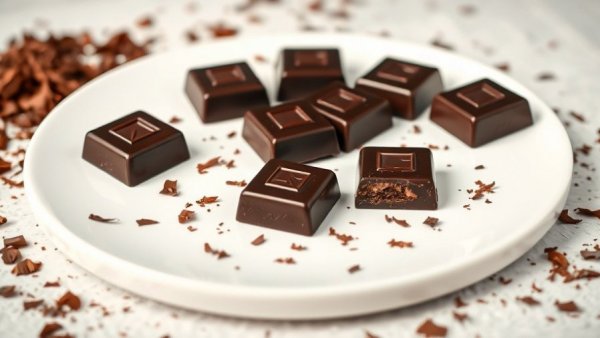 Dark chocolate squares on white plate with chocolate shavings, rich texture.