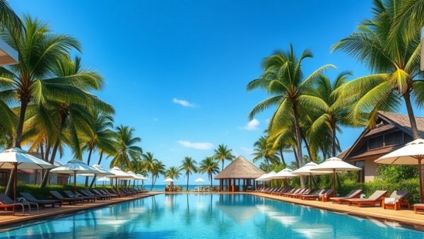 Beautiful resort pool and palm trees at a tropical hotel.