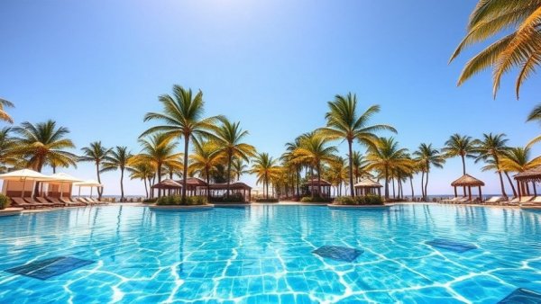 Luxurious tropical resort pool with palm trees on sunny day