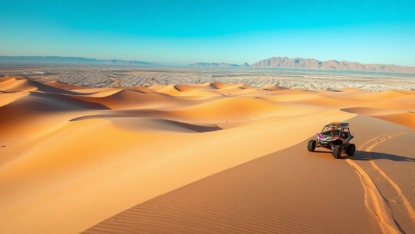 Dune buggy in Peru's Southern Desert Circuit, sand dunes and cityscape.