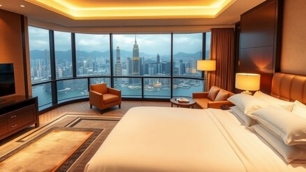 Luxurious hotel room at Rosewood Hong Kong with stunning city view.