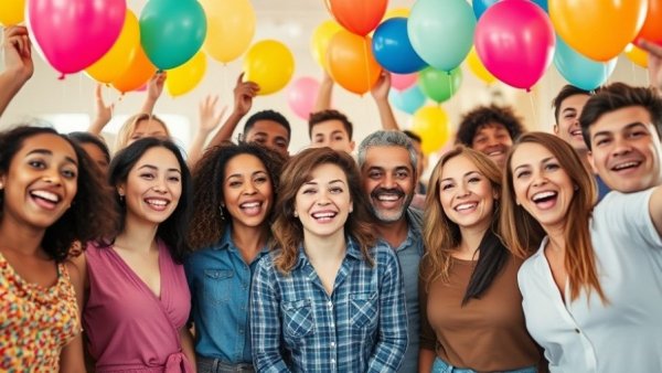 Group celebrating with balloons in a festive setting.