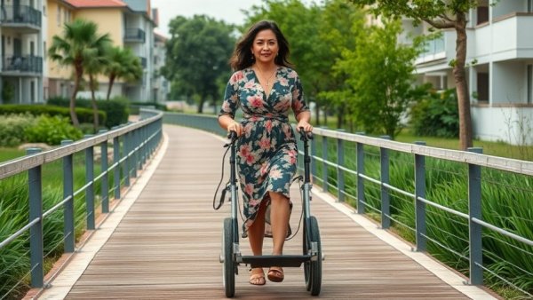 Woman in mobility device on boardwalk demonstrating accessibility, Polar Bear Swim accessibility.