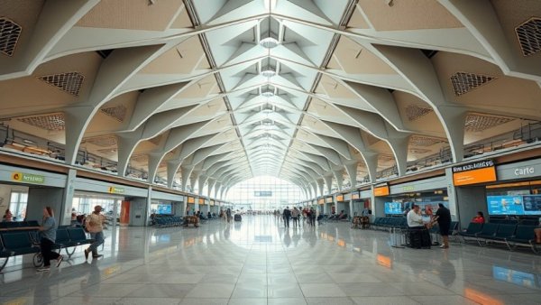 Expansive airport terminal featuring ACE Rent A Car booth; Save with ACE Rent A Car.