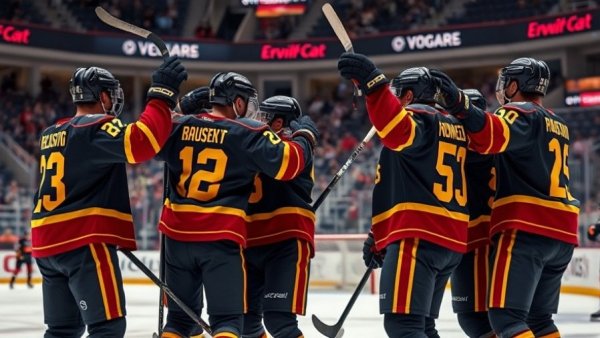 Vancouver Canucks players celebrate on the ice in a game setting.