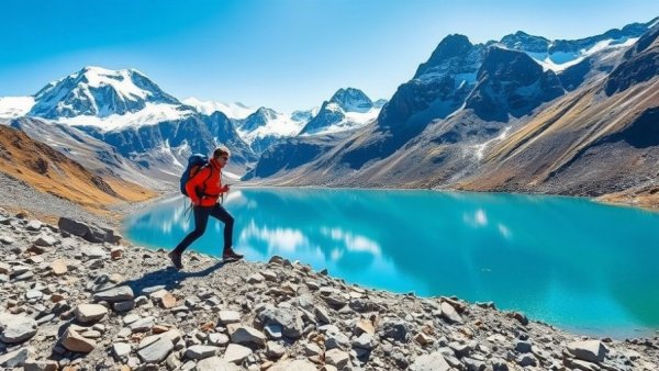 Hiker trekking in Huayhuash Santa Cruz, scenic lake and mountains.