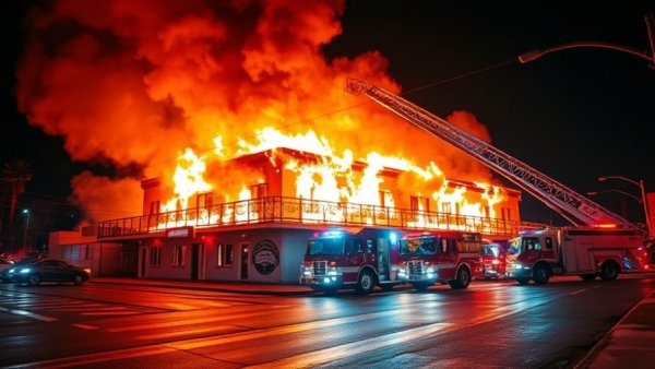 Nanaimo motel fire with intense flames at night, emergency response.