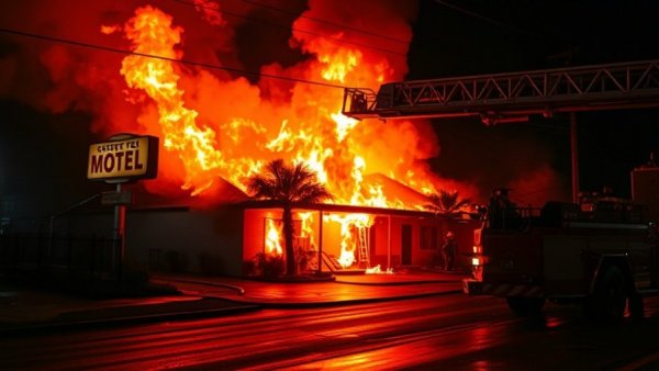 Nanaimo motel fire with firefighters, dramatic night scene.