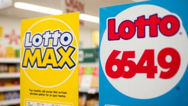 Close-up of Lotto Max and Lotto 649 signs in a store promoting lottery.