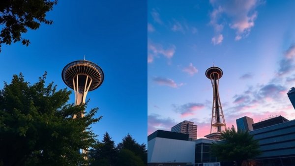 Seattle Space Needle day and night views, iconic tourist attraction.