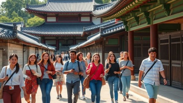 Group of tourists exploring traditional Korean village, Surge in Foreign Tourists to South Korea
