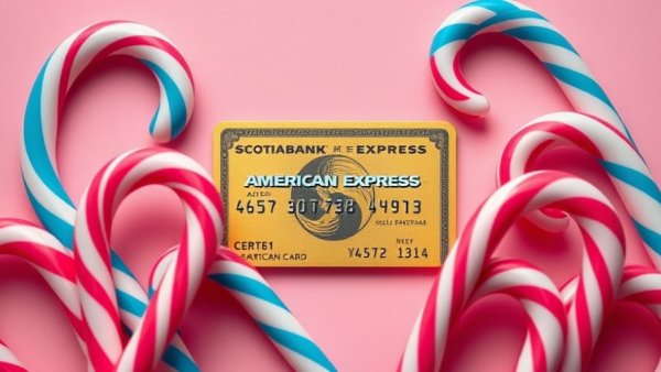 Scotiabank Gold American Express card benefits surrounded by colorful candy canes.