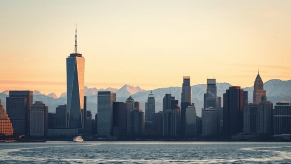 Vancouver skyline with snow-capped mountains, sunrise.