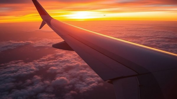 Airplane wing at sunset, 2025 travel loyalty trends focus.